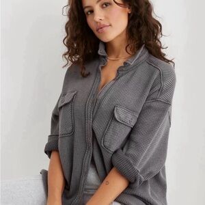 aerie Gray Waffle-Knit Button-Up Utility Jacket